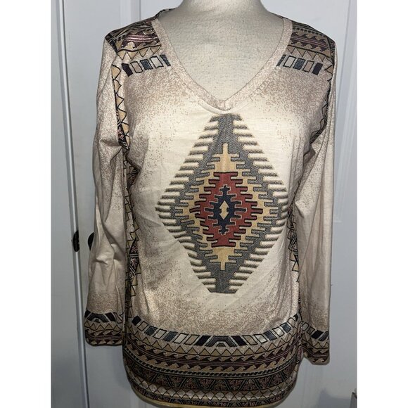 Womens Southwestern Aztec Print Shirt Size XXL Top Tan Stretch Comfort L/S - Picture 1 of 9